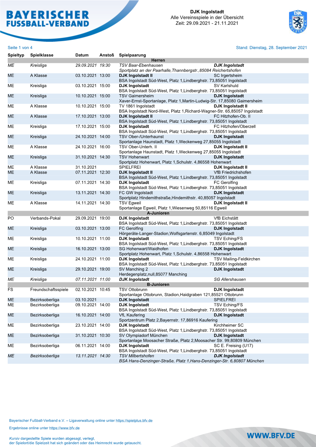 DJK Ingolstadt Alle Vereinsspiele in Der Übersicht Zeit: 29.09.2021 - 21.11.2021