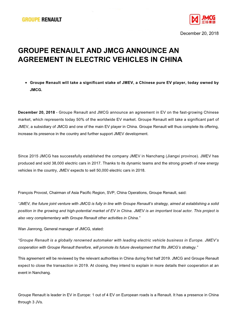 Groupe Renault and Jmcg Announce an Agreement in Electric Vehicles in China