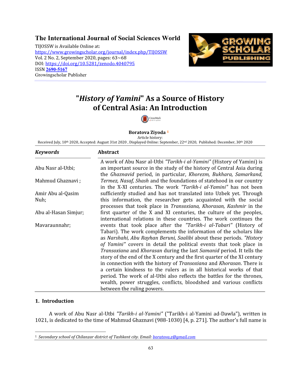 "History of Yamini" As a Source of History of Central Asia: an Introduction