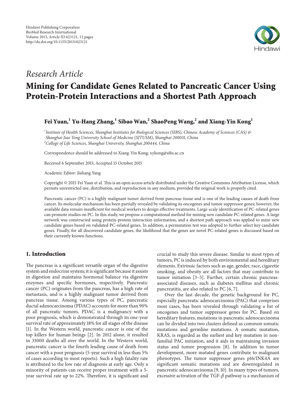 Mining for Candidate Genes Related to Pancreatic Cancer Using Protein-Protein Interactions and a Shortest Path Approach