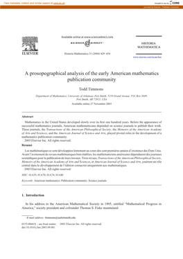 A Prosopographical Analysis of the Early American Mathematics Publication Community