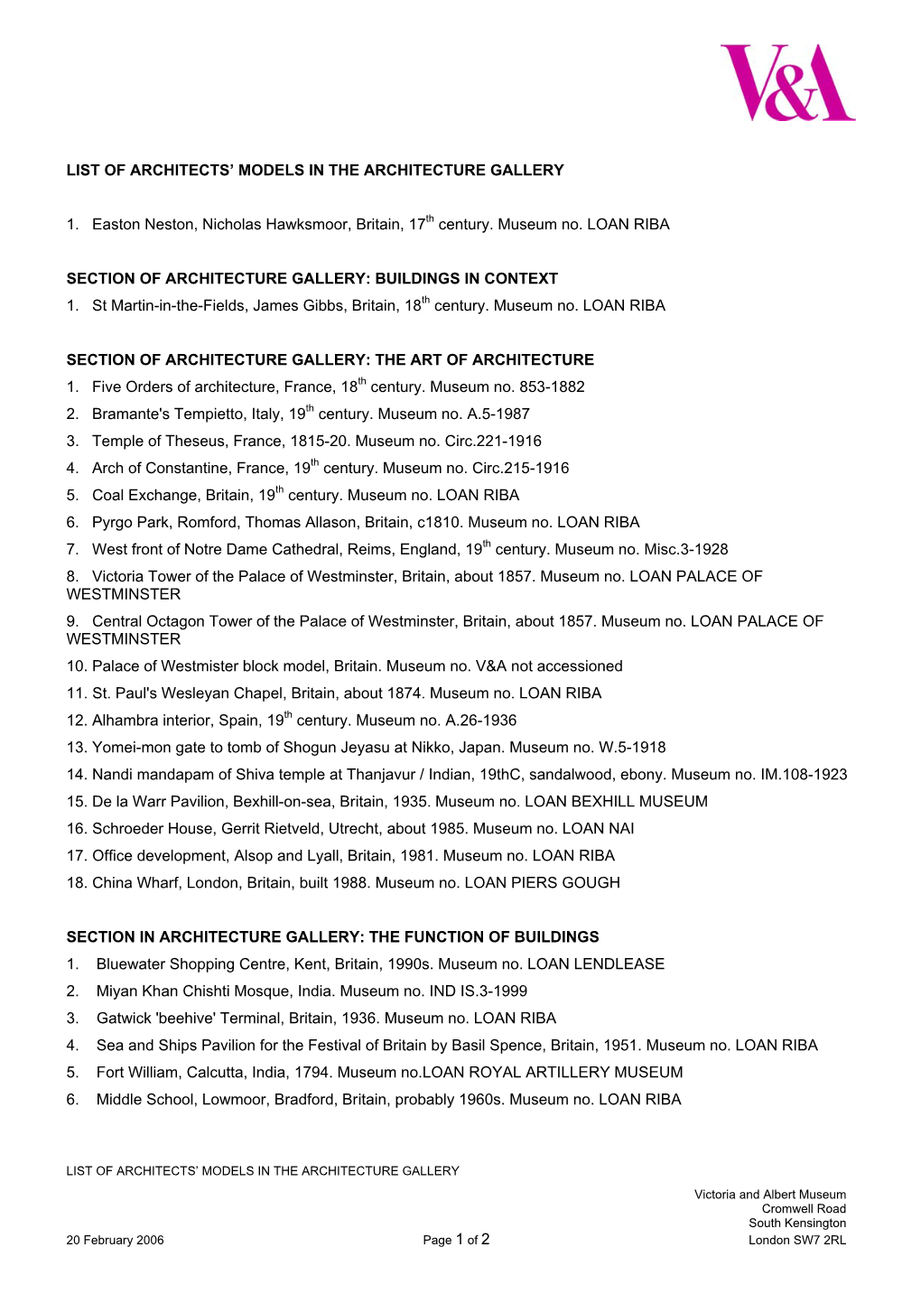 List of Architects' Models in the Architecture Gallery