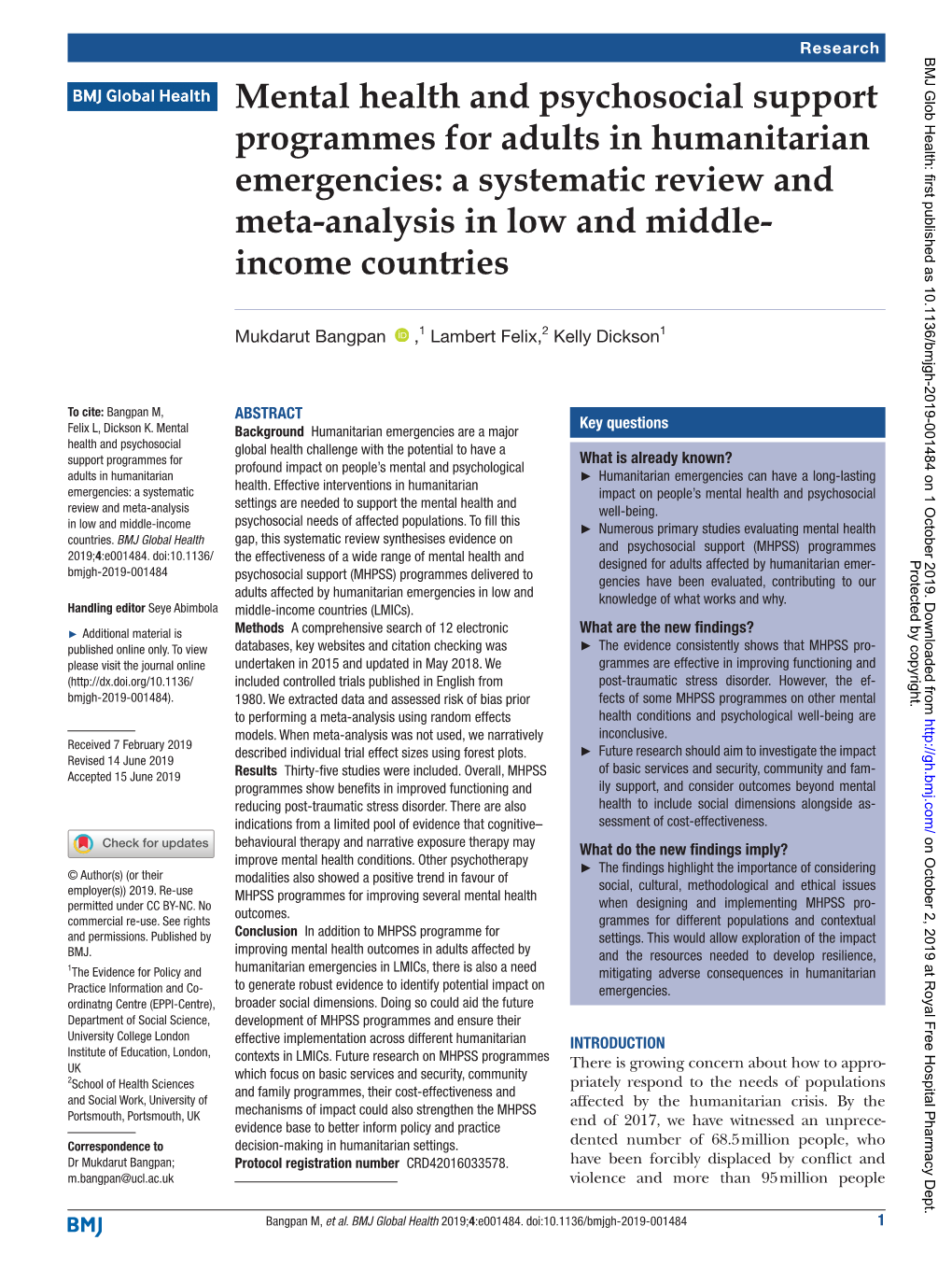 Mental Health and Psychosocial Support Programmes for Adults in Humanitarian Emergencies: a Systematic Review and Meta-Analysis in Low and Middle- Income Countries