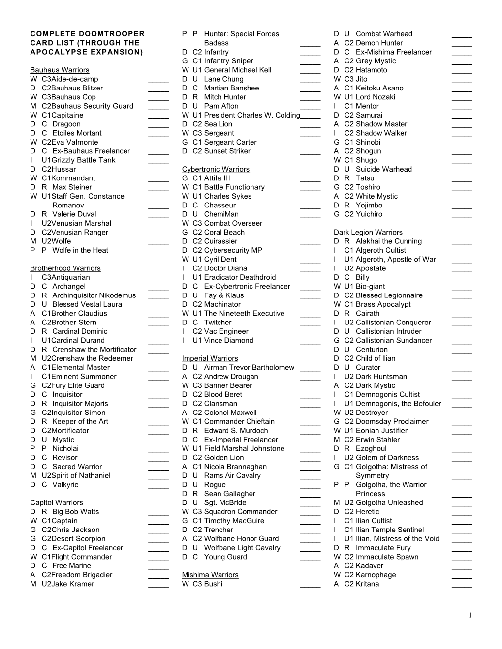 COMPLETE DOOMTROOPER CARD LIST (THROUGH the APOCALYPSE EXPANSION) Bauhaus Warriors W C3aide-De-Camp