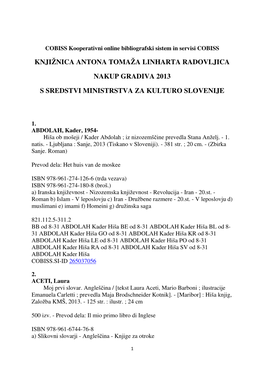 Knjižnica Antona Tomaža Linharta Radovljica Nakup Gradiva 2013 S Sredstvi Ministrstva Za Kulturo Slovenije