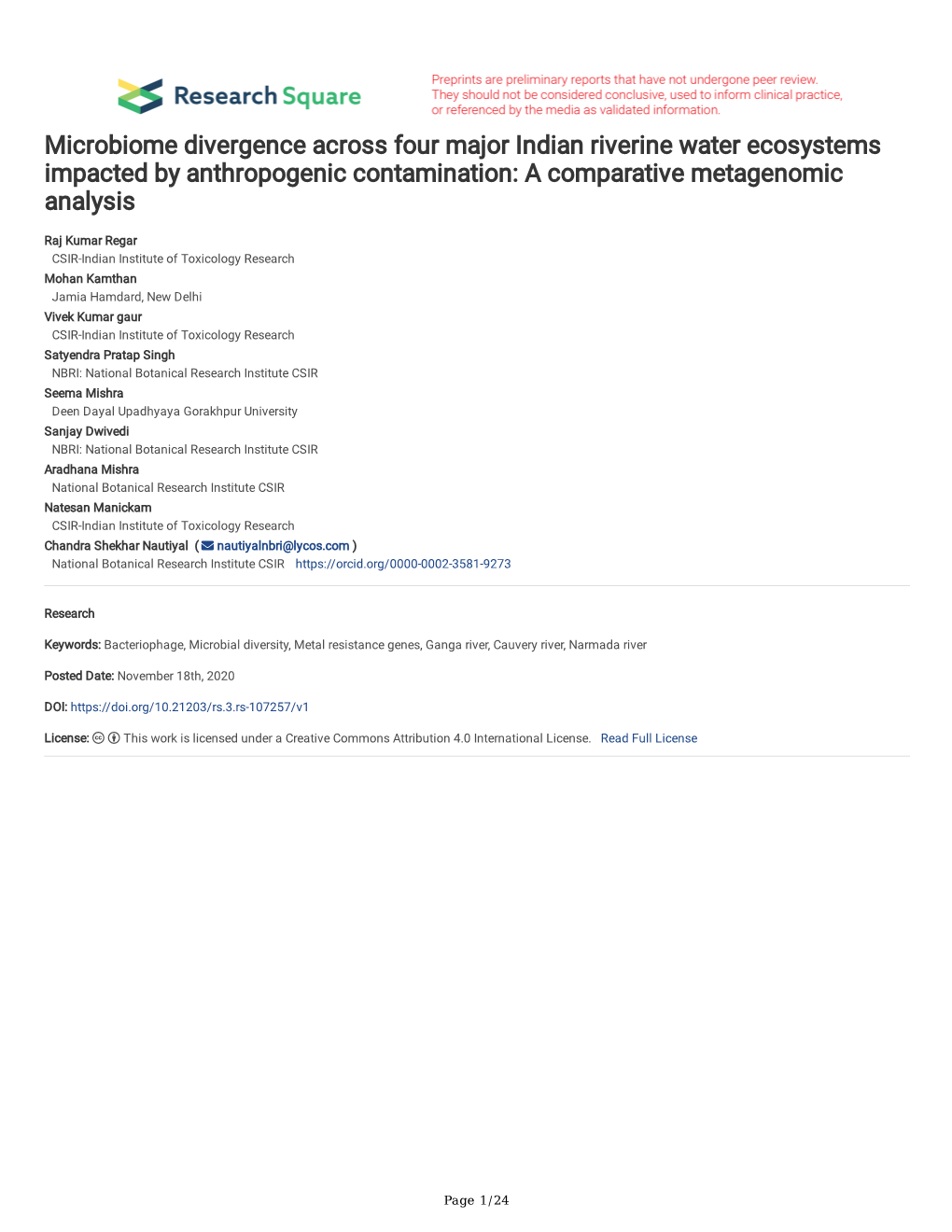Microbiome Divergence Across Four Major Indian Riverine Water Ecosystems Impacted by Anthropogenic Contamination: a Comparative Metagenomic Analysis
