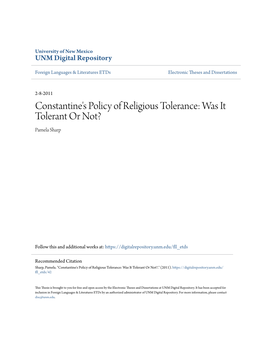 Constantine's Policy of Religious Tolerance: Was It Tolerant Or Not? Pamela Sharp
