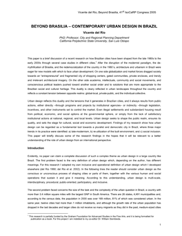 CONTEMPORARY URBAN DESIGN in BRAZIL Vicente Del Rio Phd; Professor, City and Regional Planning Department California Polytechnic State University, San Luis Obispo