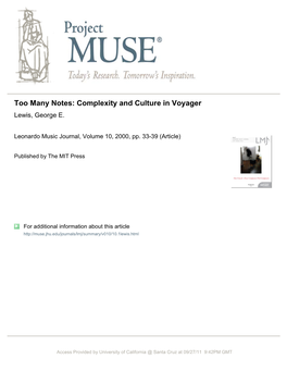 Too Many Notes: Complexity and Culture in Voyager����� Lewis, George E