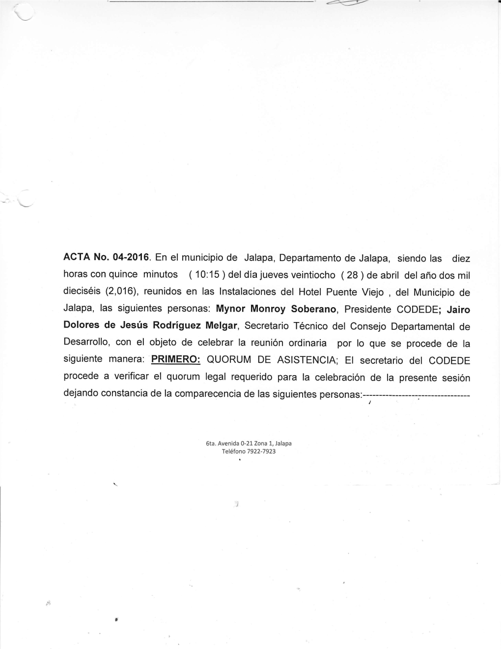 ACTA No. 04-2016. En El Municipio De Jalapa, Departamento De Jalapa
