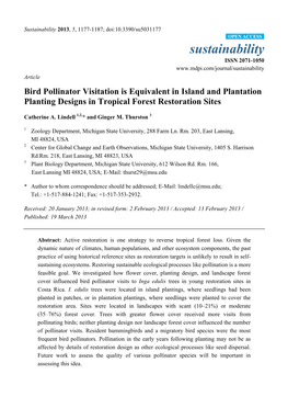 Bird Pollinator Visitation Is Equivalent in Island and Plantation Planting Designs in Tropical Forest Restoration Sites