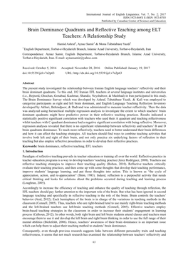 Brain Dominance Quadrants and Reflective Teaching Among ELT Teachers: a Relationship Study