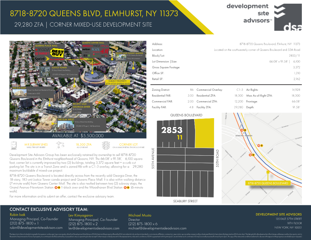 8718-8720 Queens Blvd, Elmhurst, Ny 11373 ± 29,280 Zfa | Corner Mixed-Use Development Site