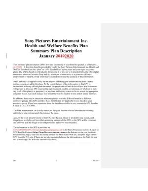 Sony Pictures Entertainment Inc. Health and Welfare Benefits Plan Summary Plan Description January 20192020