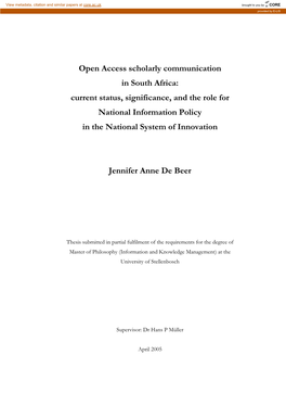 Open Access Scholarly Communication in South Africa: Current Status, Significance, and the Role for National Information Policy in the National System of Innovation