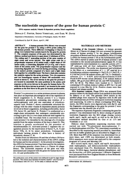 The Nucleotide Sequence of the Gene for Human Protein C (DNA Sequence Analysis/Vitamin K-Dependent Proteins/Blood Coagulation) DONALD C