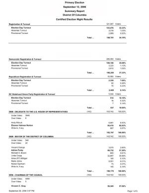 Summary Report District of Columbia Certified Election Night Results