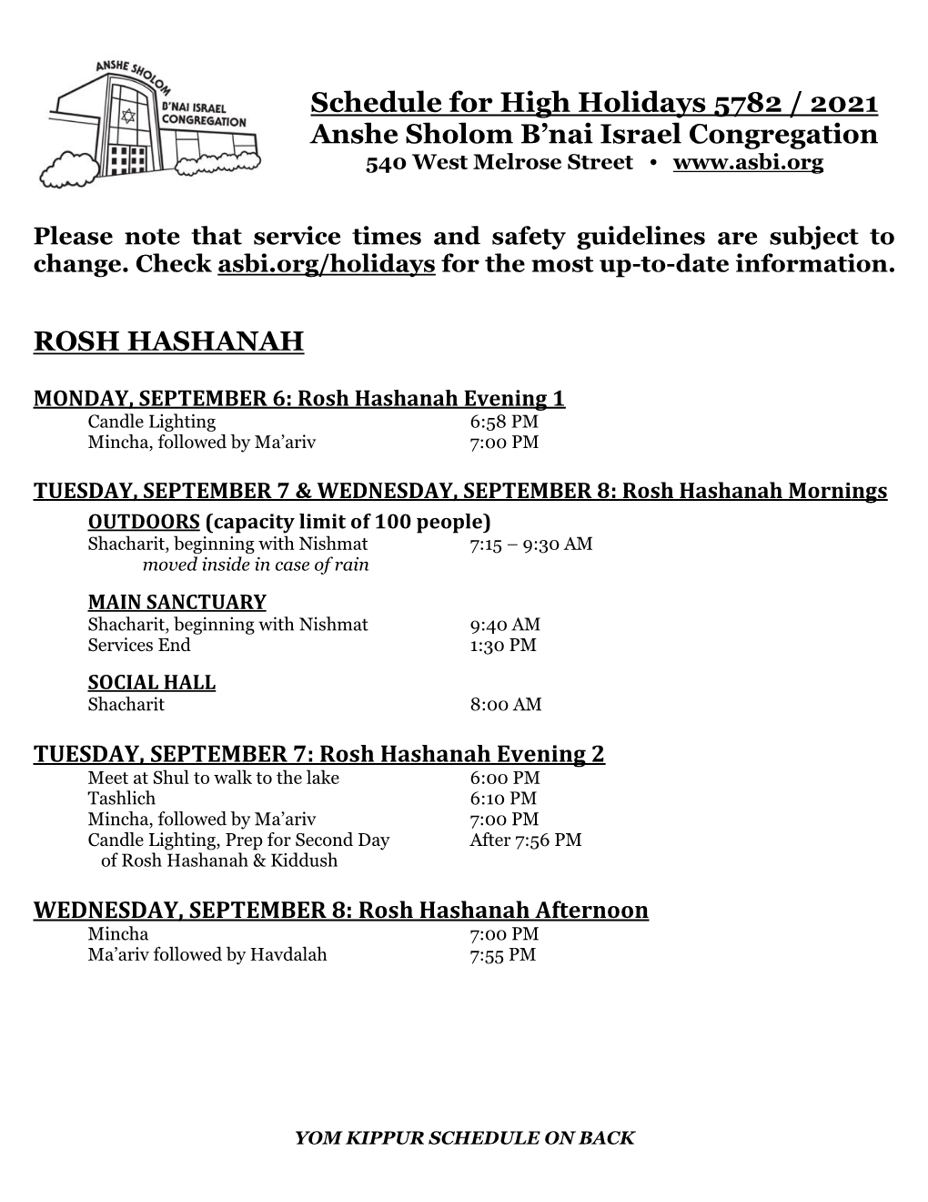 Schedule for High Holidays 5782 / 2021 Anshe Sholom B'nai Israel