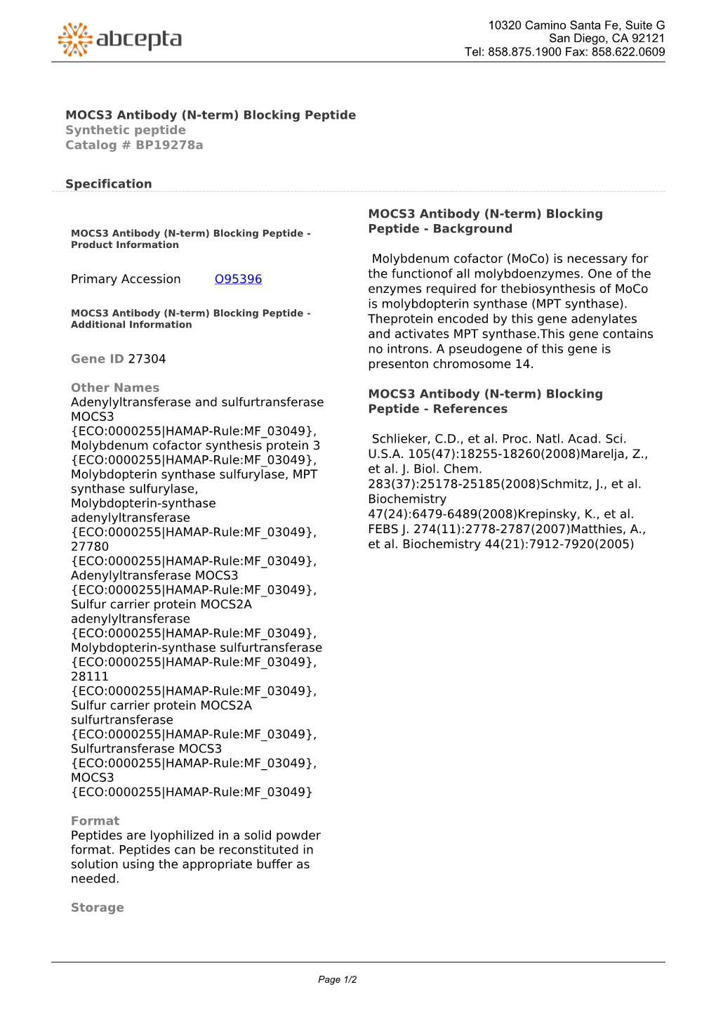 MOCS3 Antibody (N-Term) Blocking Peptide Synthetic Peptide Catalog # Bp19278a