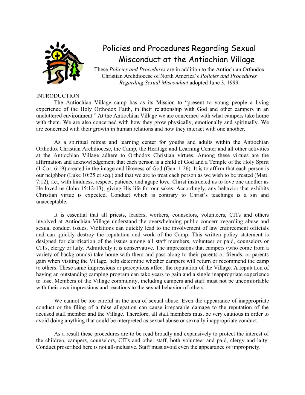 Policies and Procedures Regarding Sexual Misconduct at the Antiochian Village