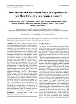 Food Quality and Nutritional Status of Vegetarians in Two Main Cities of a Sub-Saharan Country