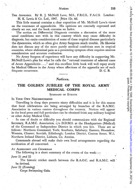 The Golden Jubilee of the Royal Army, Medical Corps Summary of Events In