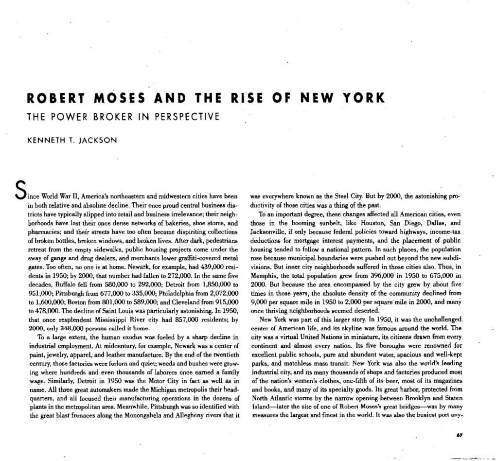 Robert Moses and the Rise of New York the Power Broker in Perspective