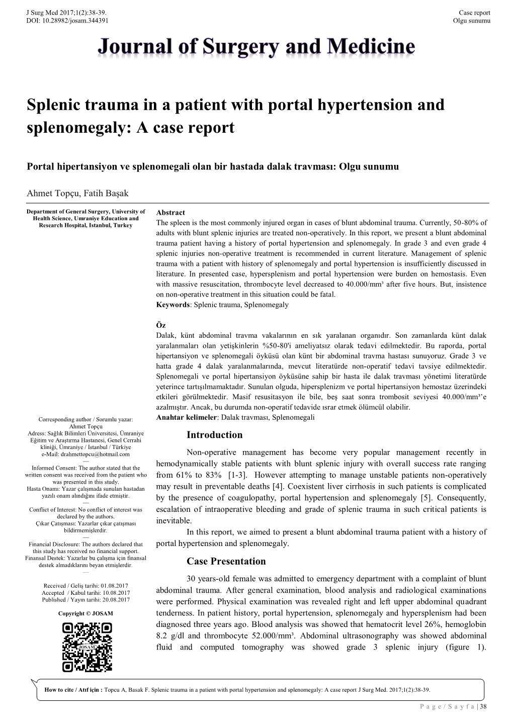 Splenic Trauma in a Patient with Portal Hypertension and Splenomegaly ...