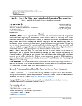 An Overview of the History and Methodological Aspects of Psychometrics History and Methodological Aspects of Psychometrics