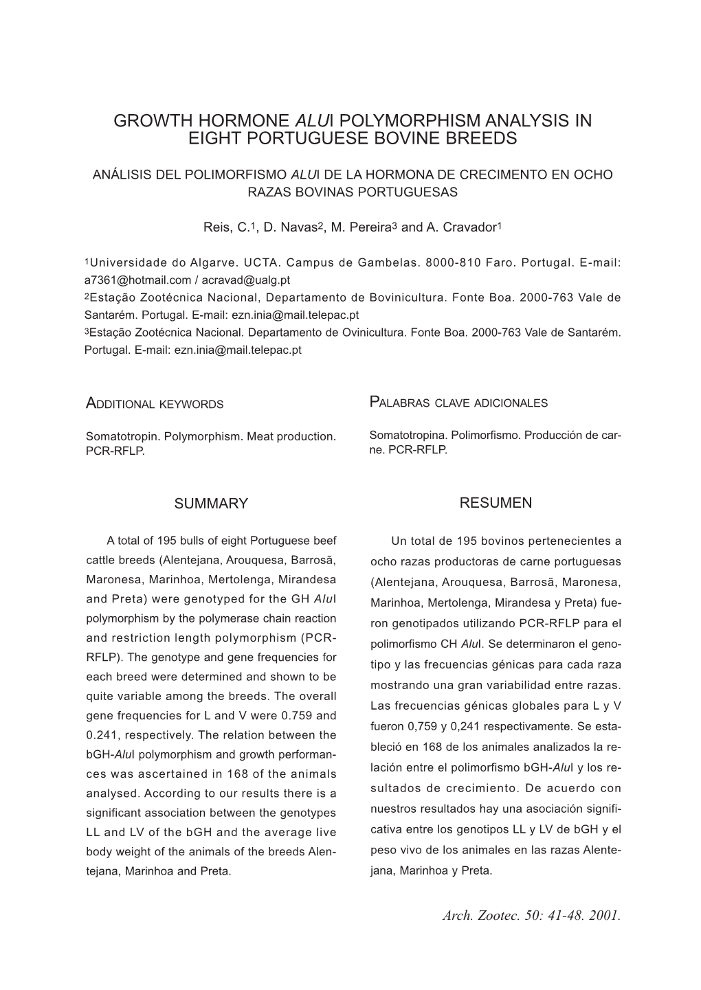 Growth Hormone Alui Polymorphism Analysis in Eight Portuguese Bovine Breeds