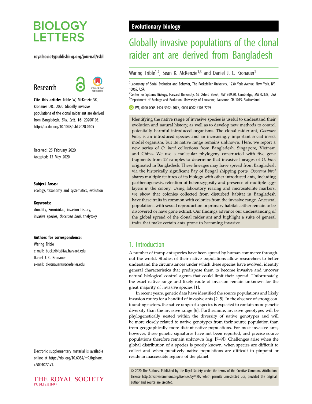 Globally Invasive Populations of the Clonal Raider Ant Are Derived from Bangladesh