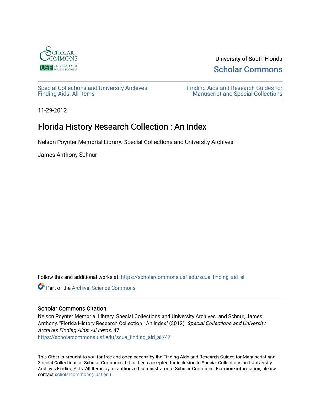 Florida History Research Collection : an Index