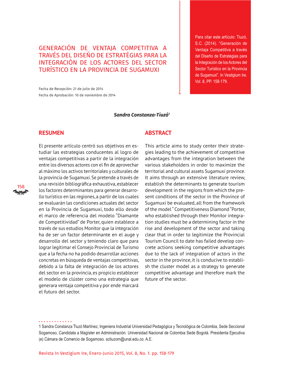 Generación De Ventaja Competitiva a Través Del Diseño De Estrategias Para La Integración De Los Actores Del Sector Turístico En La Provincia De Sugamuxi