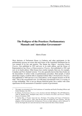 The Pedigree of the Practices: Parliamentary Manuals and Australian Government