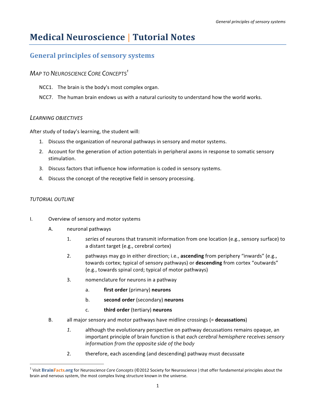 Medical Neuroscience | Tutorial Notes