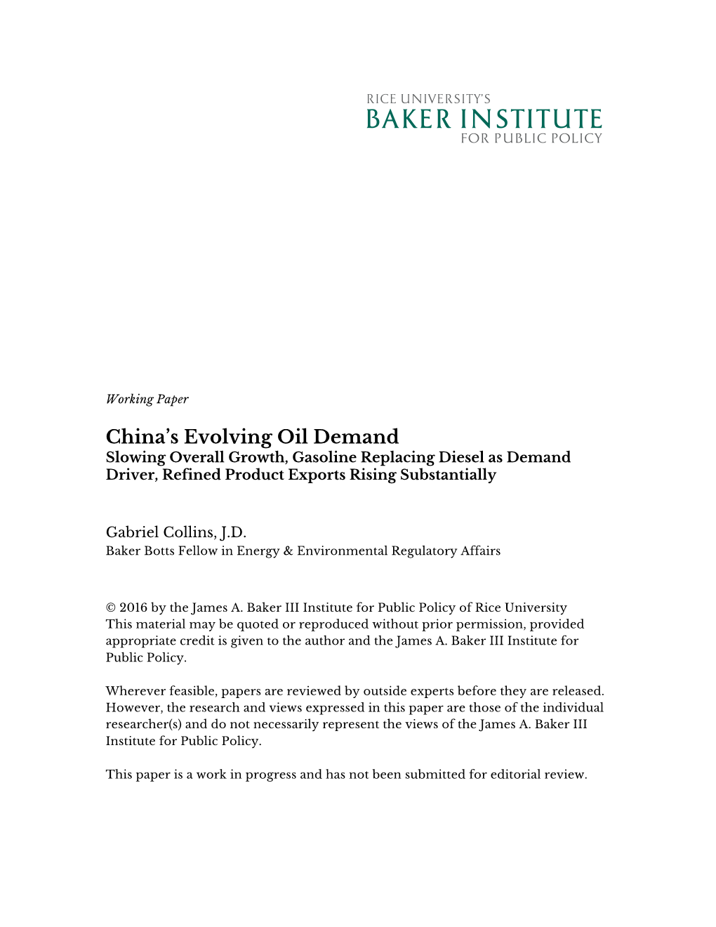 China's Evolving Oil Demand