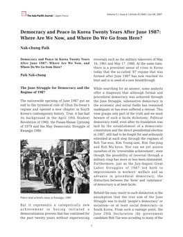Democracy and Peace in Korea Twenty Years After June 1987: Where Are We Now, and Where Do We Go from Here?