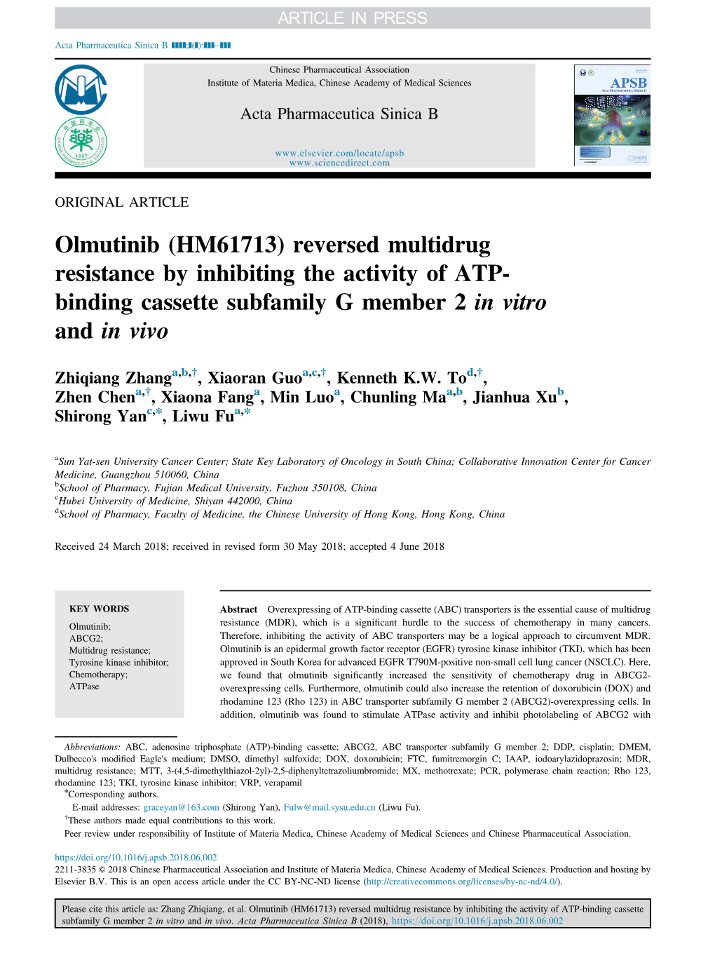 Olmutinib (HM61713) Reversed Multidrug Resistance by Inhibiting the Activity of ATP- Binding Cassette Subfamily G Member 2 in Vitro and in Vivo