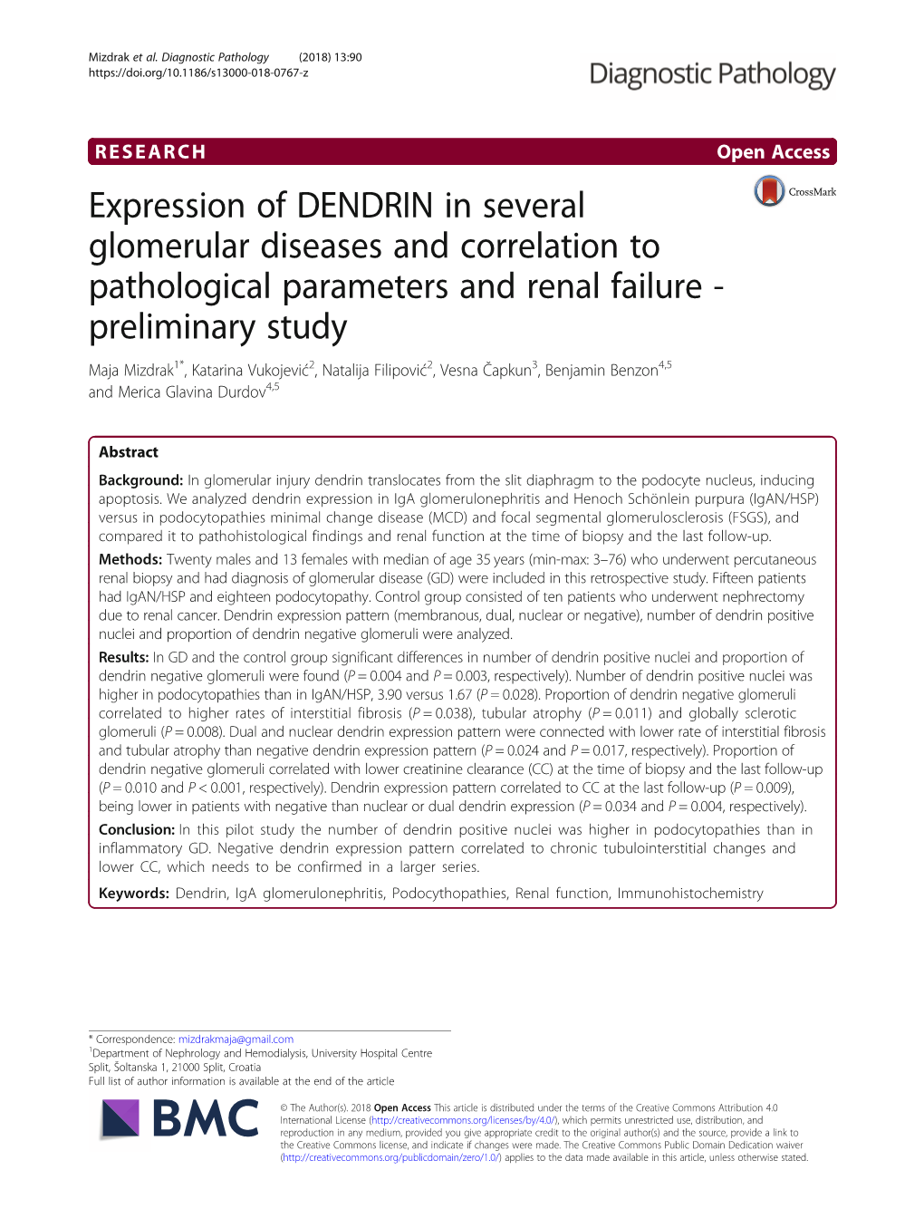 Expression of DENDRIN in Several Glomerular Diseases And