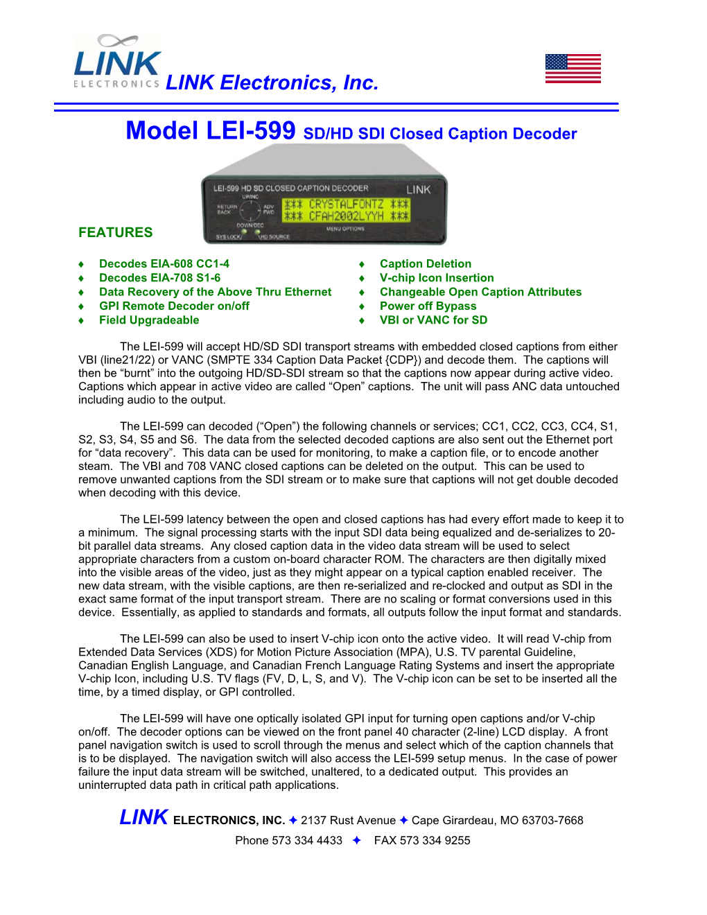 LINK Electronics, Inc. Model LEI-599 SD/HD SDI Closed