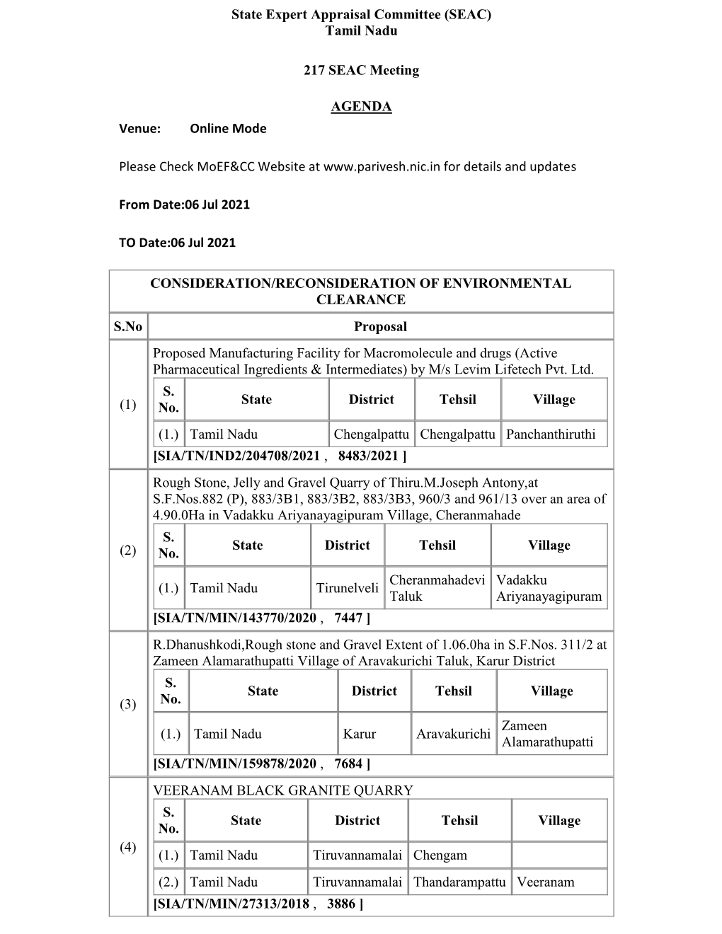 Tamil Nadu 217 SEAC Meeting AGENDA Venue