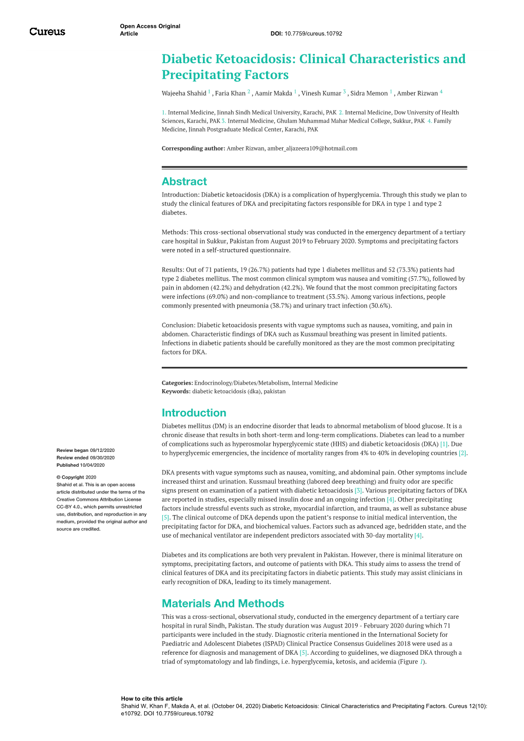 Diabetic Ketoacidosis: Clinical Characteristics and Precipitating Factors