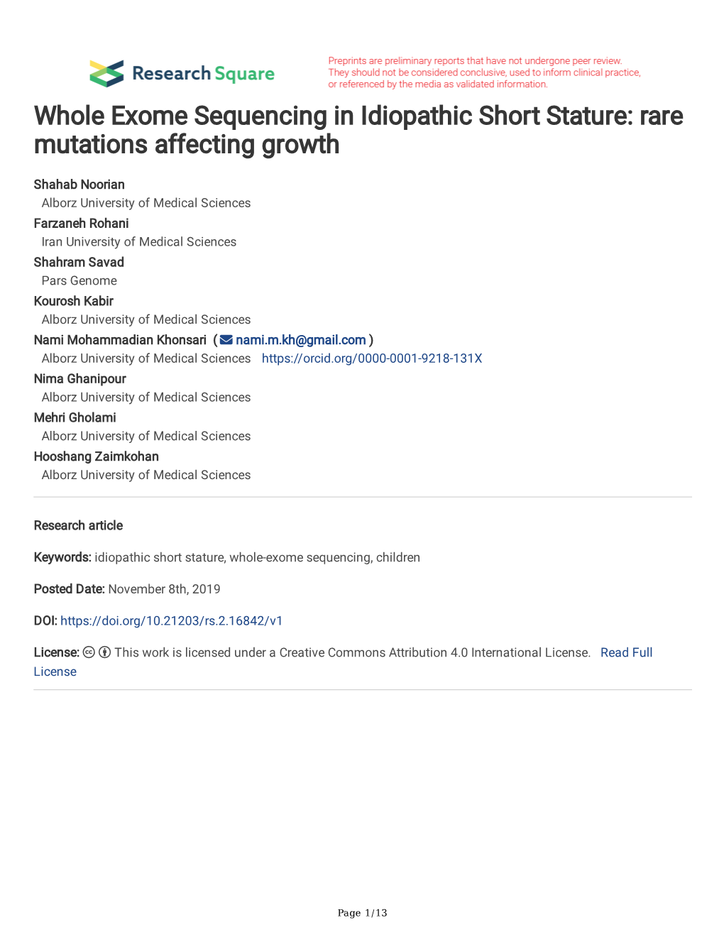 Whole Exome Sequencing in Idiopathic Short Stature: Rare Mutations Affecting Growth