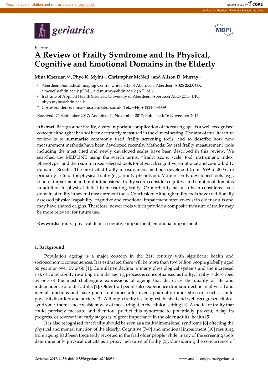 A Review of Frailty Syndrome and Its Physical, Cognitive and Emotional Domains in the Elderly