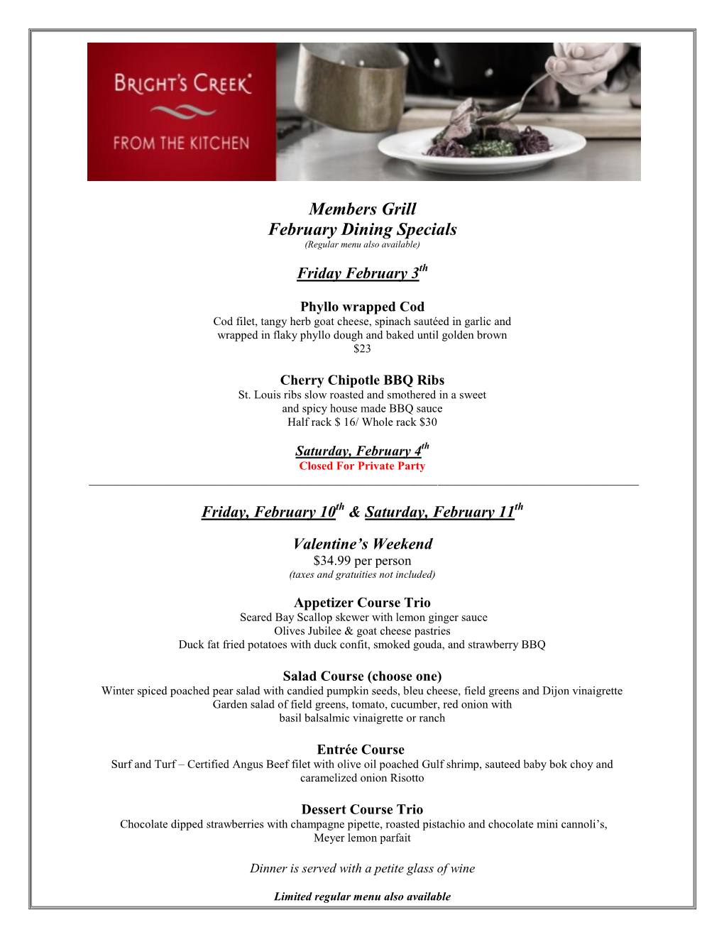 Members Grill February Dining Specials (Regular Menu Also Available)
