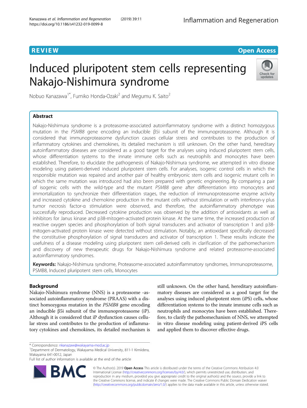 Induced Pluripotent Stem Cells Representing Nakajo-Nishimura Syndrome Nobuo Kanazawa1*, Fumiko Honda-Ozaki2 and Megumu K