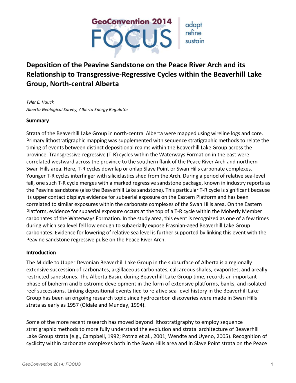 Deposition of the Peavine Sandstone on the Peace River Arch and Its