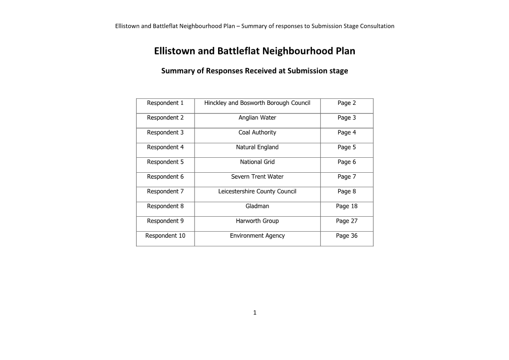 Ellistown and Battleflat Neighbourhood Plan – Summary of Responses to Submission Stage Consultation