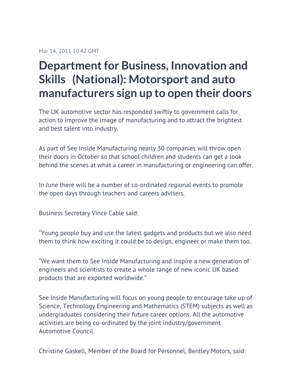 Department for Business, Innovation and Skills (National): Motorsport and Auto Manufacturers Sign up to Open Their Doors