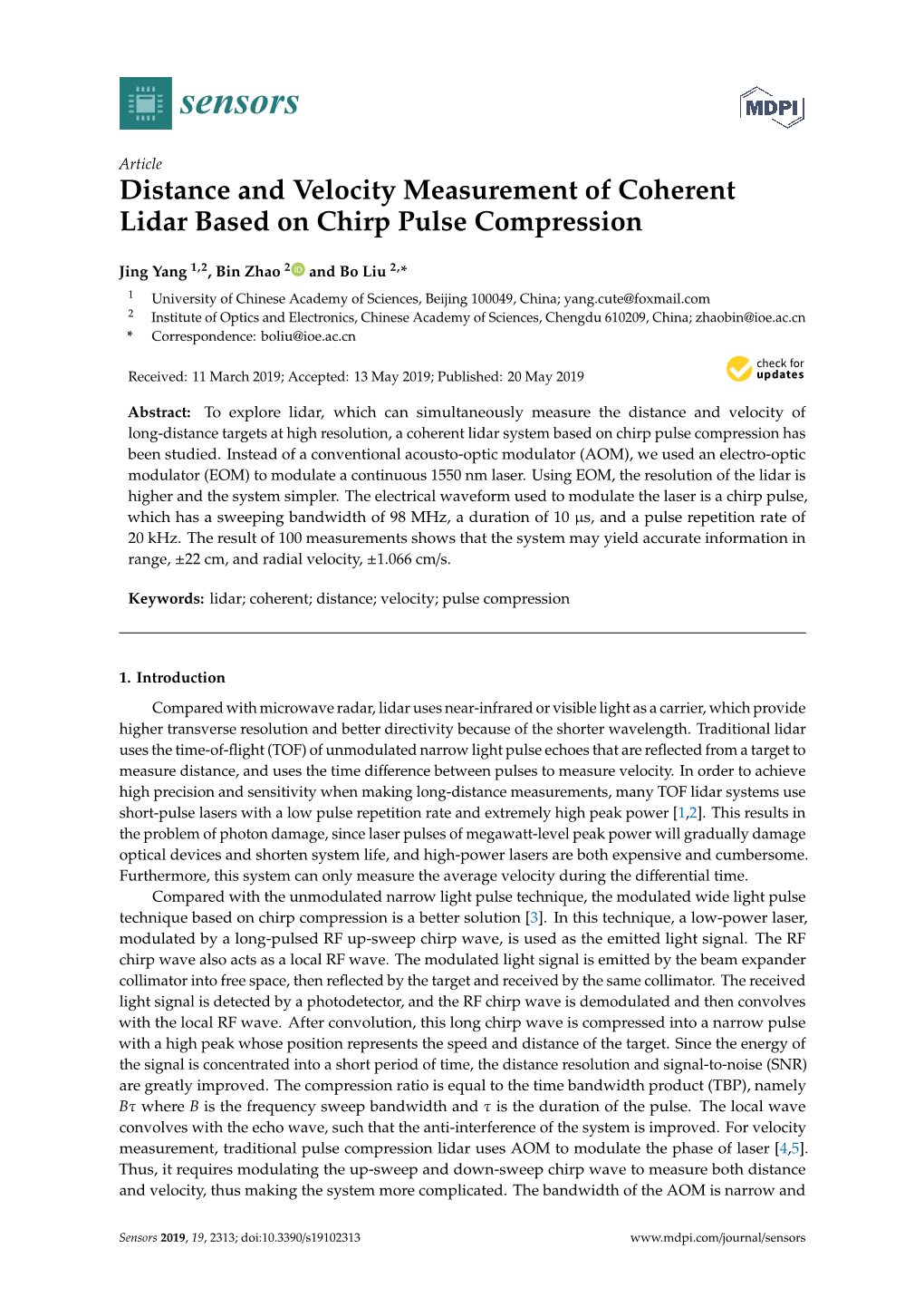 Distance and Velocity Measurement of Coherent Lidar Based on Chirp Pulse Compression